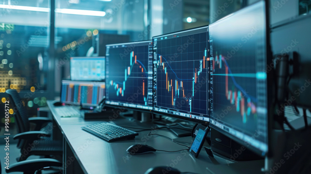 Fototapete modern trading desk featuring multiple monitors displaying financial charts and data, creating dynamic and focused atmosphere for analysis and decision making