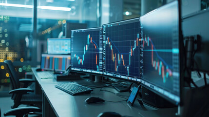 Fototapeta premium modern trading desk featuring multiple monitors displaying financial charts and data, creating dynamic and focused atmosphere for analysis and decision making