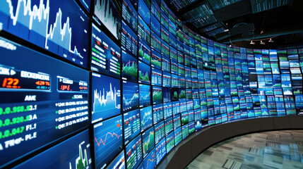 High tech financial trading room with multiple screens displaying stock market data, graphs, and analytics. atmosphere is dynamic and focused on real time trading activities
