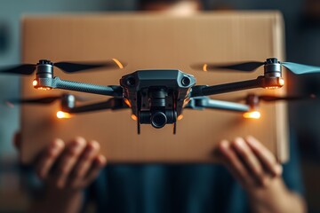 Obraz premium Close up of hands holding a drone in a warehouse highlighting the precision of drone handling in automated logistics environments for inventory management