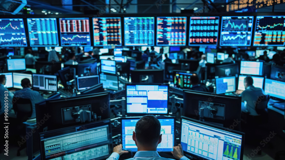 Poster focused trader analyzes multiple screens displaying stock market data and financial charts in busy trading room. atmosphere is intense and dynamic, reflecting fast paced world of finance