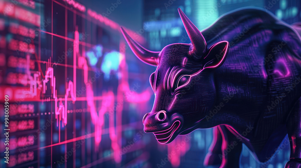 Poster striking digital representation of bull symbolizing bullish market, set against backdrop of financia