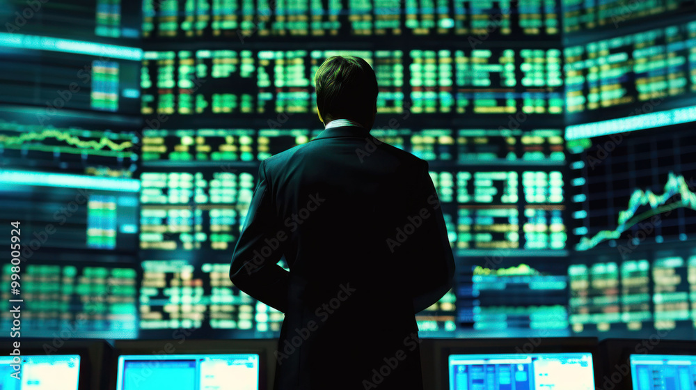 Poster image depicts business professional observing financial data on multiple screens, conveying sense of