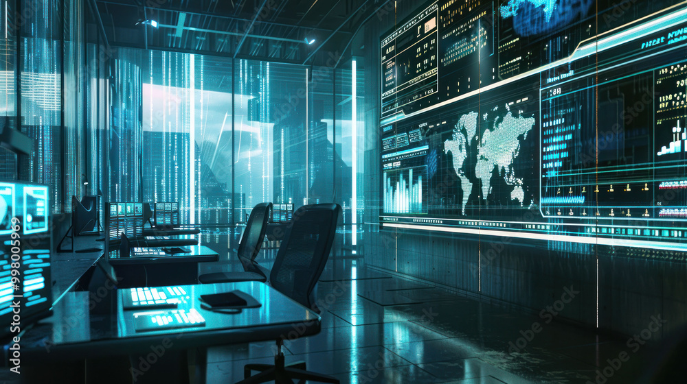 Poster futuristic office space featuring advanced technology and digital displays. room is illuminated with blue light, showcasing data analytics and world map on large screens, creating high tech