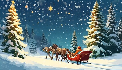 santa claus and reindeer A nostalgic outdoor Christmas scene with a horse-drawn sleigh gliding through a snowy forest. Include twinkling stars, tall pine trees, and warmly dressed passengers