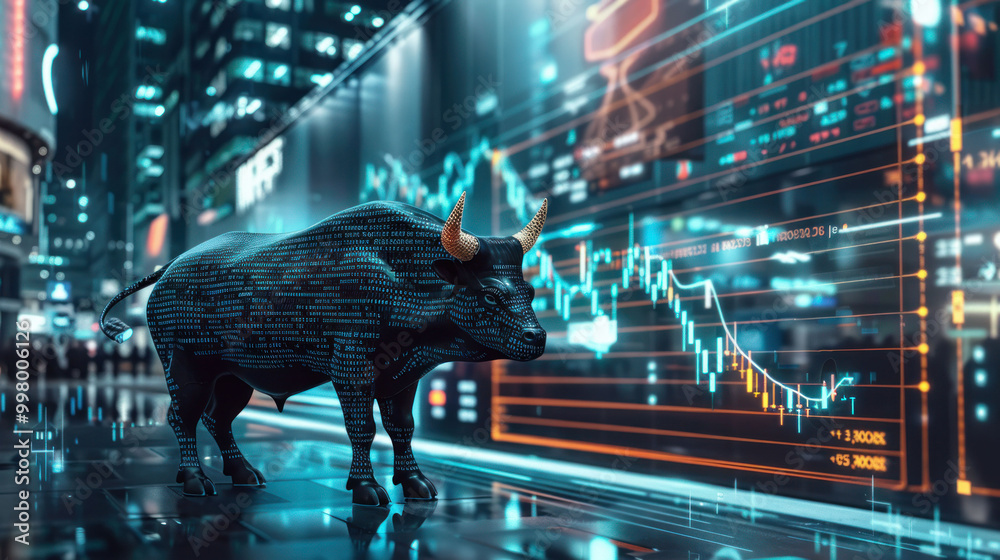 Poster digital bull statue stands prominently in front of glowing stock market display, symbolizing financi