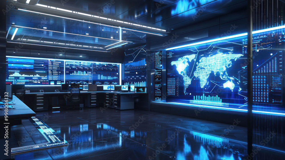 Poster modern control room featuring advanced technology and data visualization. sleek design includes multiple screens displaying global data and analytics, creating high tech atmosphere
