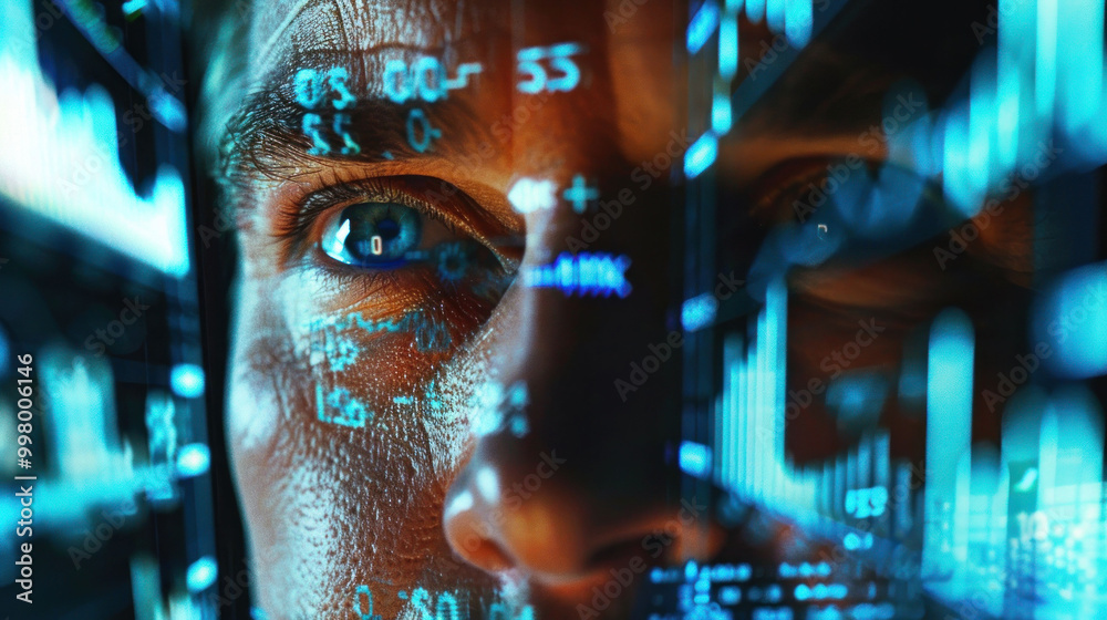 Poster image features close up of persons eye, reflecting digital data and graphs, symbolizing technology and analytics. intense gaze conveys focus and determination in high tech environment