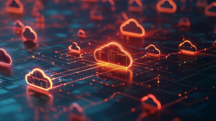 Floating cloud icons connected by light data streams represent the seamless network and storage capabilities of cloud computing. data migration. Ultra realistic. Photorealistic