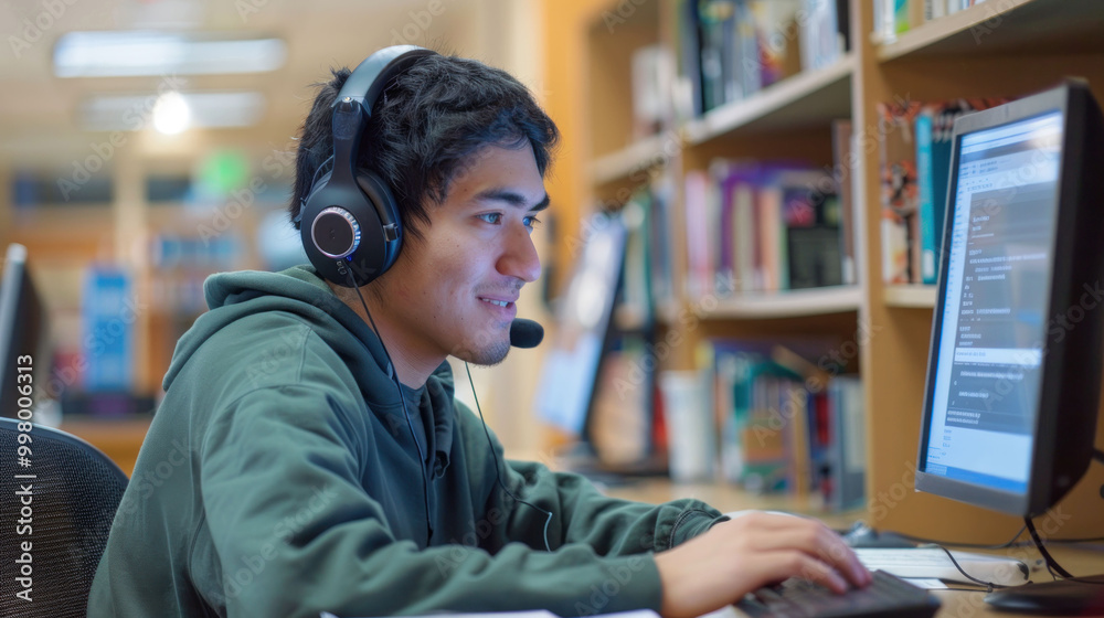 Poster young man wearing headset is focused on his computer screen while working in library. environment is bright and organized, reflecting studious atmosphere
