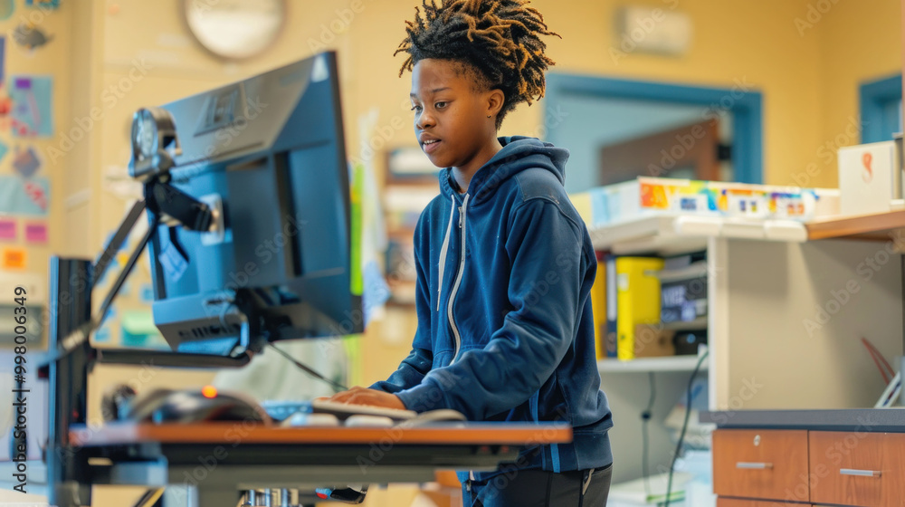 Poster young boy with dreadlocks is focused on his work at computer in classroom setting. He stands at desk, engaged in learning, surrounded by educational materials