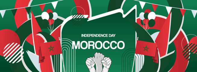 Modern creative banner for Morocco independence day in flag colors. Wide poster for holiday celebration, national day greeting card, web header, sports and music event background. Horizontal concept
