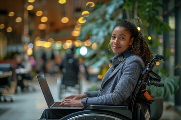 An African American disabled businesswoman smiling while working on a laptop in a modern office setting.