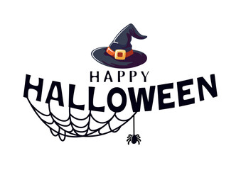 Halloween character vector background design. Text with hat and spider on the web. Halloween characters.
