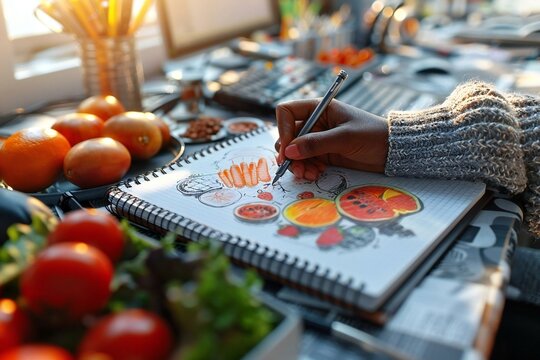 high angle view of a person's hand drawing a wellness concept on a notebook at a desk in a corporate office. The image features elements of exercise, healthy eating, and self-care