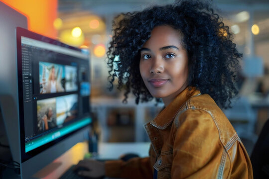 young African-American female designer editing photos on a computer in a modern office setting.