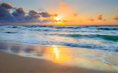 Fototapeta premium A serene ocean with waves gently rolling onto the shore, symbolizing the calming effects of mindfulness and meditation. (indicates World Mental Health Day). 