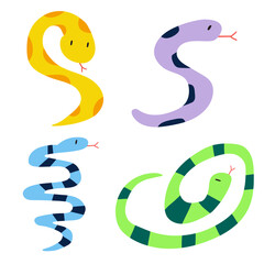Collection of colorful snakes. Hand drawn design. Vector illustration on white background.