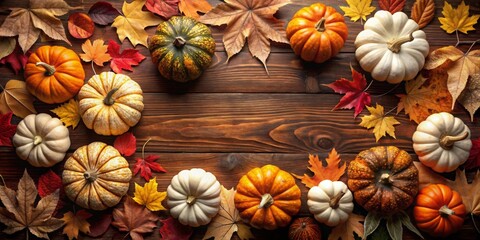 Fototapeta premium Seasonal arrangement of pumpkins and leaves on wooden background with copy space