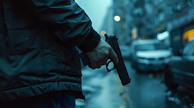 Close-up of a criminal holding a weapon