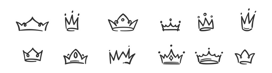 Majestic crown logo. sketch prince and princess, hand drawn queen sign or king crowns graffiti illustration set © Rient