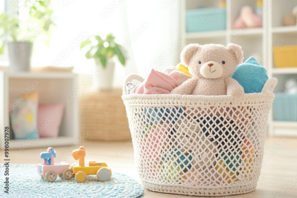 Poster colorful children's clothes and soft toys fill a laundry basket in a sunlit room, creating a cheerfu