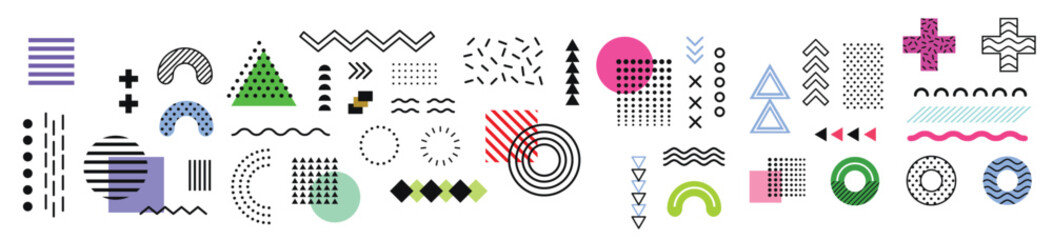 Memphis elements. retro funky graphic, 90s trends designs and vintage geometric print element collection