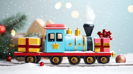 Christmas train loaded with gifts on a white background