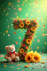 Naklejka premium 7th birthday card. Large, stylized number seven with a floral design and a teddy bear sitting next to it on a green background, surrounded by confetti.