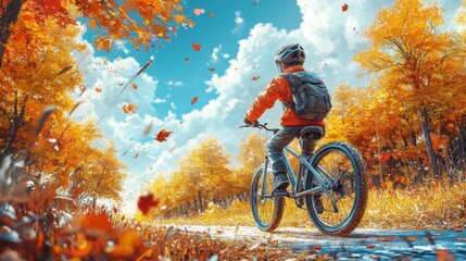 Naklejka premium Student Cycling to School on a Sunny Autumn Day Surrounded by Colorful Leaves
