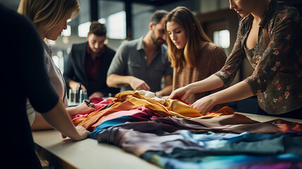 group of fashion designers discussing and selecting various colorful fabrics in a collaborative workspace, focusing on creative teamwork and the design process.