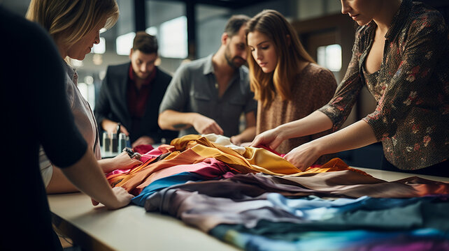 group of fashion designers discussing and selecting various colorful fabrics in a collaborative workspace, focusing on creative teamwork and the design process.
