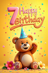 Fototapeta premium 7th birthday card. Large, happy teddy bear sitting on a colorful background with confetti and balloons. The bear is holding a 7 Happy Birthday sign above its head.