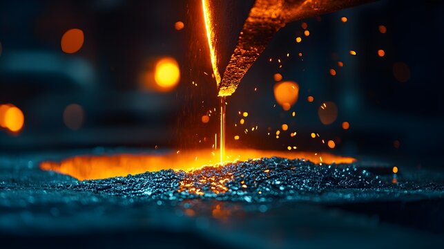 Molten metal being poured into a mold in a foundry, metal casting process, industrial production