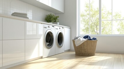 This modern laundry room showcases built-in washing and drying machines, complemented by sleek cabinets and a basket of clean laundry. Generative AI