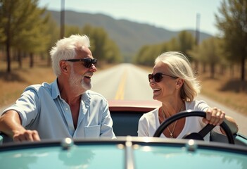 Happy senior couple enjoying a road trip in a convertible, adventure and freedom concept