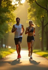 Fit couple jogging in the park at sunrise, healthy lifestyle and fitness motivation concept