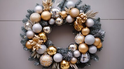 A luxurious Christmas wreath made of gold and silver ornaments