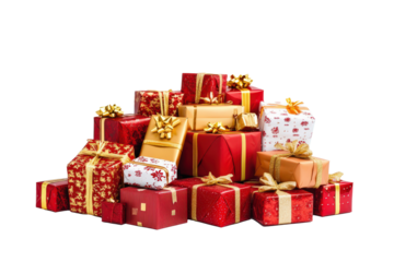 Heap of red and gold wrapped Christmas gifts isolated on white