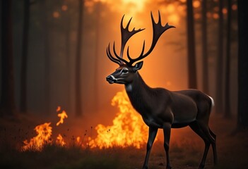 Portrait of a deer in a forest on fire, face extinction amidst the devastating effects of deforestation and habitat loss