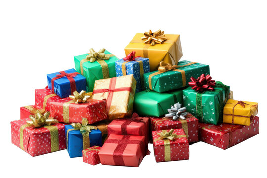 Pile of colorful Christmas gifts with ribbons and bows