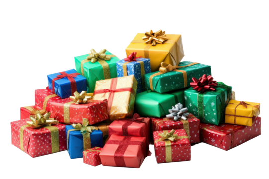 Pile of colorful Christmas gifts with ribbons and bows