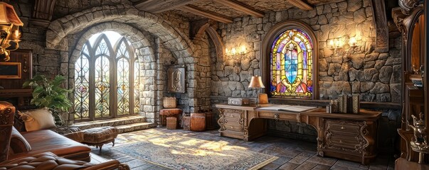 Home office with a fairy tale castle theme, featuring stone wall effects, stained glass windows, and regal furniture Enchanting and dreamy