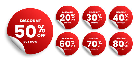 Sale discounts label starting from 20, 30, 40, 50, 60, 70, 80 percent. Trendy red sales promotion banner element. Vector illustration