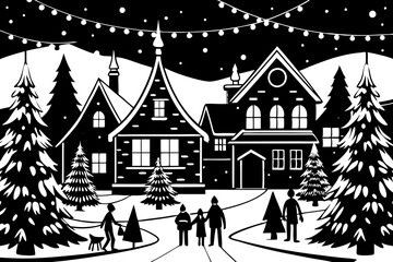 Winter Wonderland: Snowy Village Scene with Festive Decorations and Residents