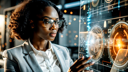 AI cyber security threat, female african american IT specialist analysing futuristic holographic data information. blue & orange colour, sugmented reality artificial intelligence concept banner