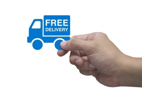 Hand holding free delivery truck flat icon in fingers isolated on white background, Business transportation service concept