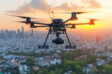 Group of drones flying above the clouds in bright daylight representing advanced drone technology and logistics in aerial delivery systems