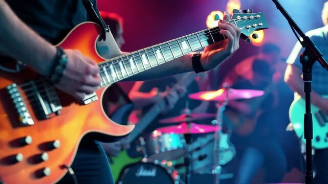 A rock band is playing music at a concert