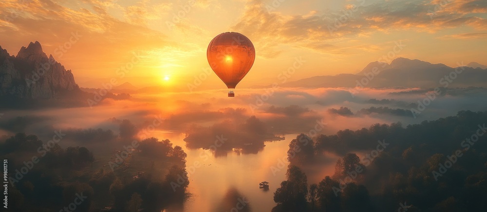 Sticker Sunrise Hot Air Balloon Flight Over Misty Landscape